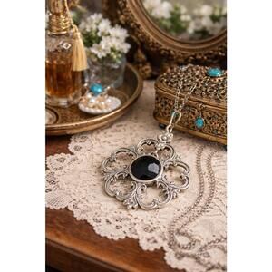 Israel 1970s Sterling Silver Filigree Cross Pendant With Black Onyx, 1.5x2”